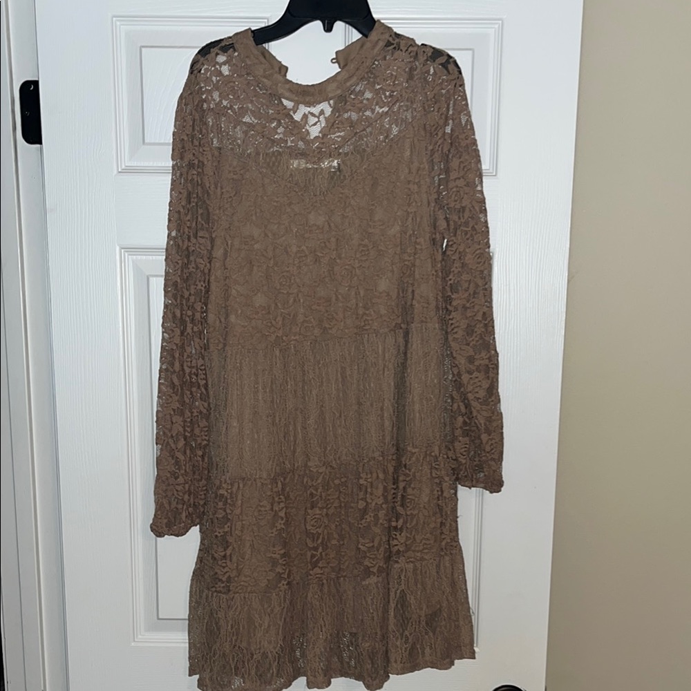 ANDREE BY UNIT Brown Bishop Sleeve Mock Neck Dress